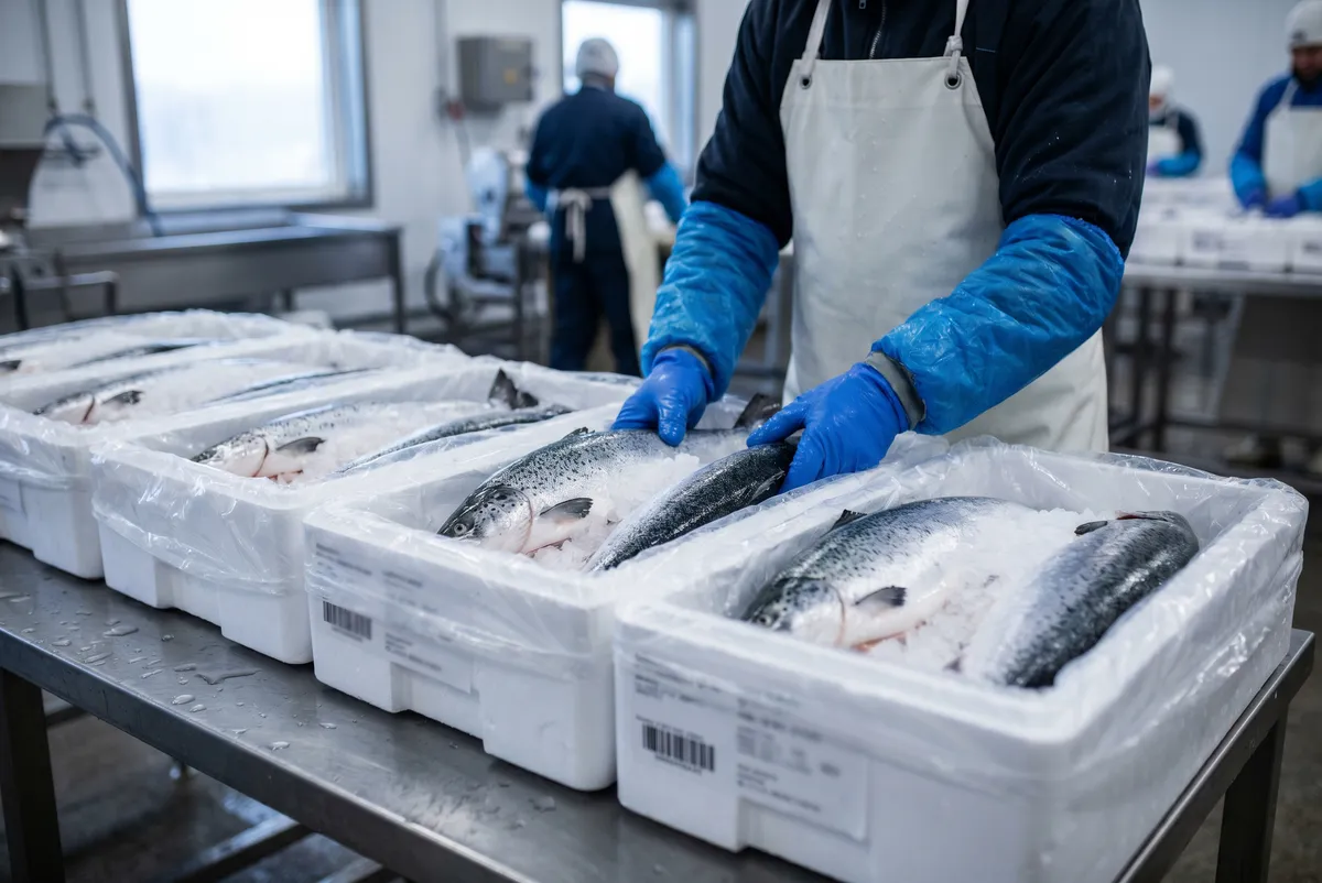 Fresh salmon in export boxes with ice, ready for shipment