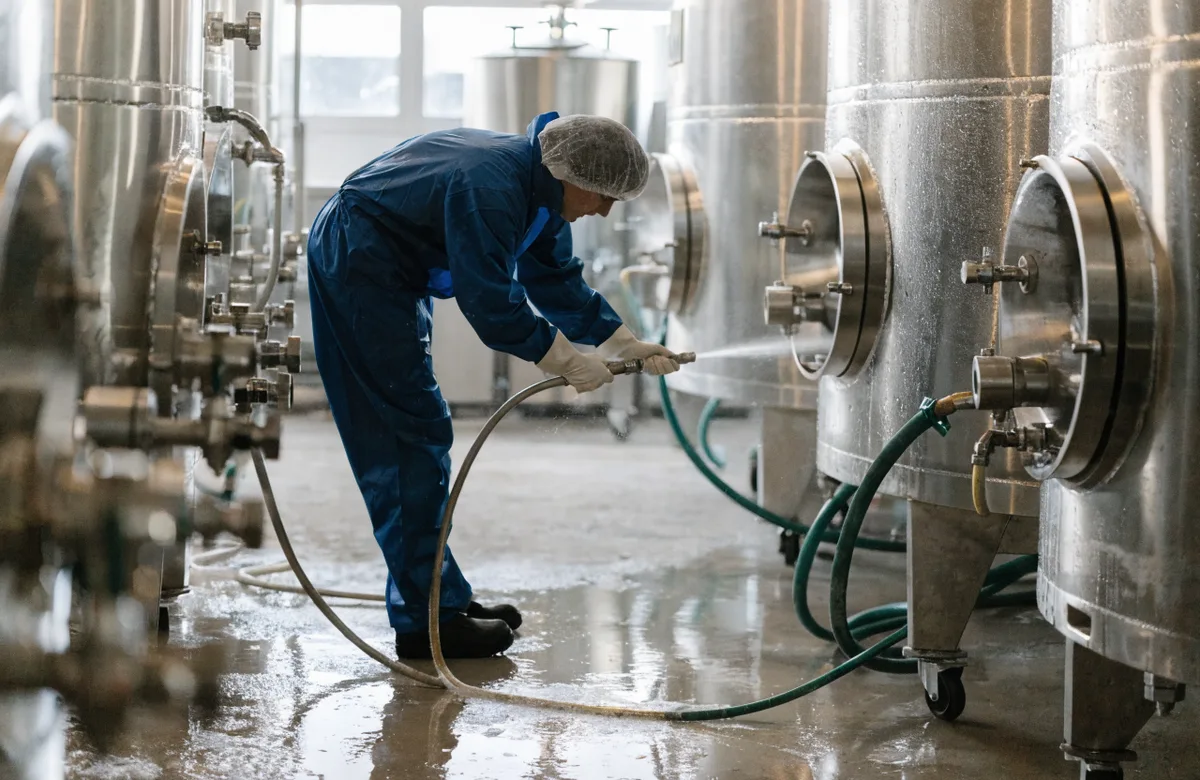 CIP sanitation of tanks and lines in a winery